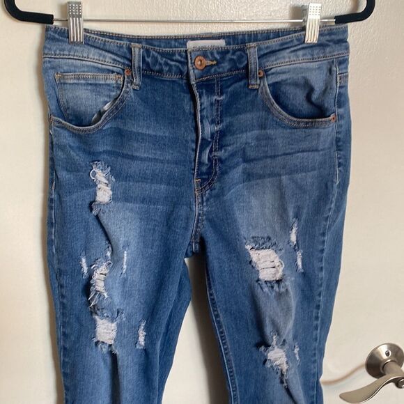 Black Label-distressed jeans medium blue wash-cropped ankle- stretchy- size 29 - Picture 2 of 10